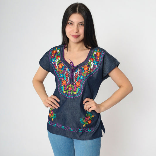 Y2K Chambray Embroidered Butterfly Floral Lace-Up Top Dark Blue Small