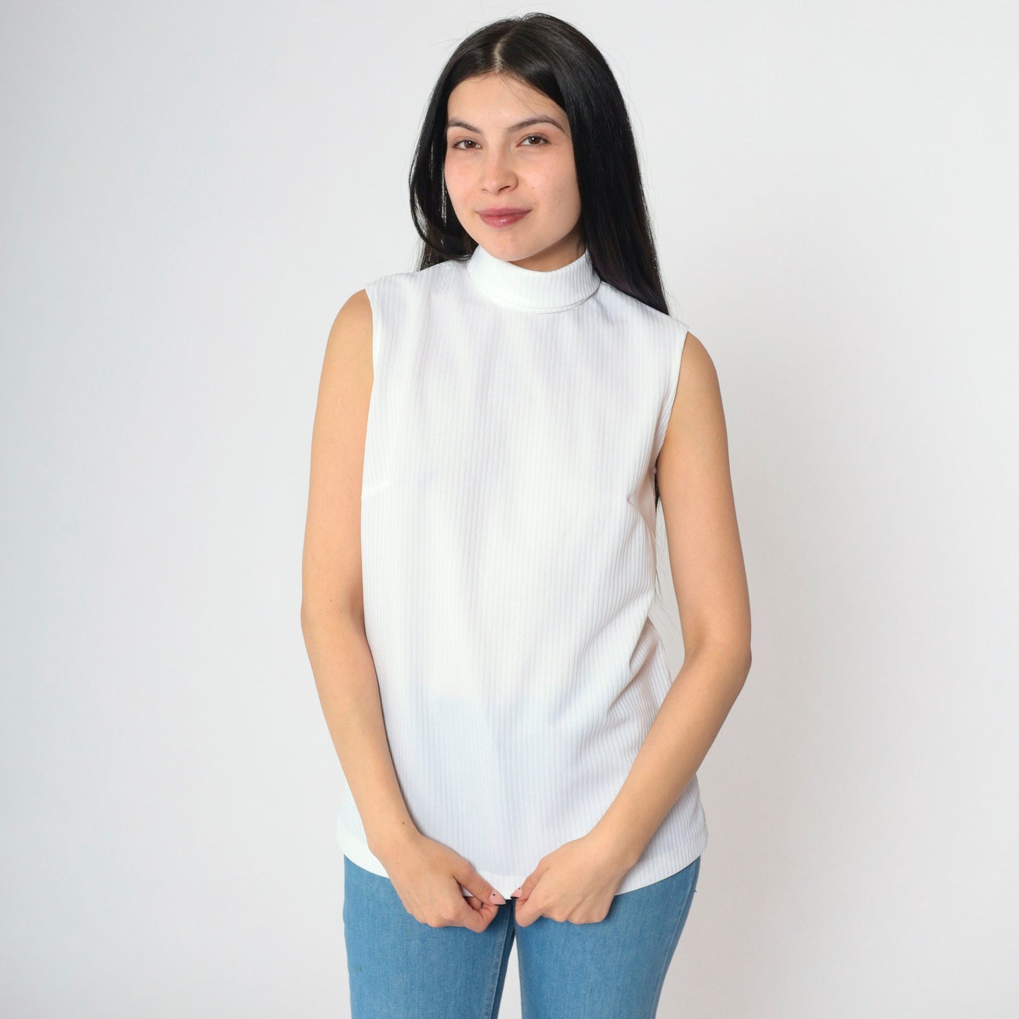 70s White Ribbed Polyester Sleeveless Turtleneck Tank Small