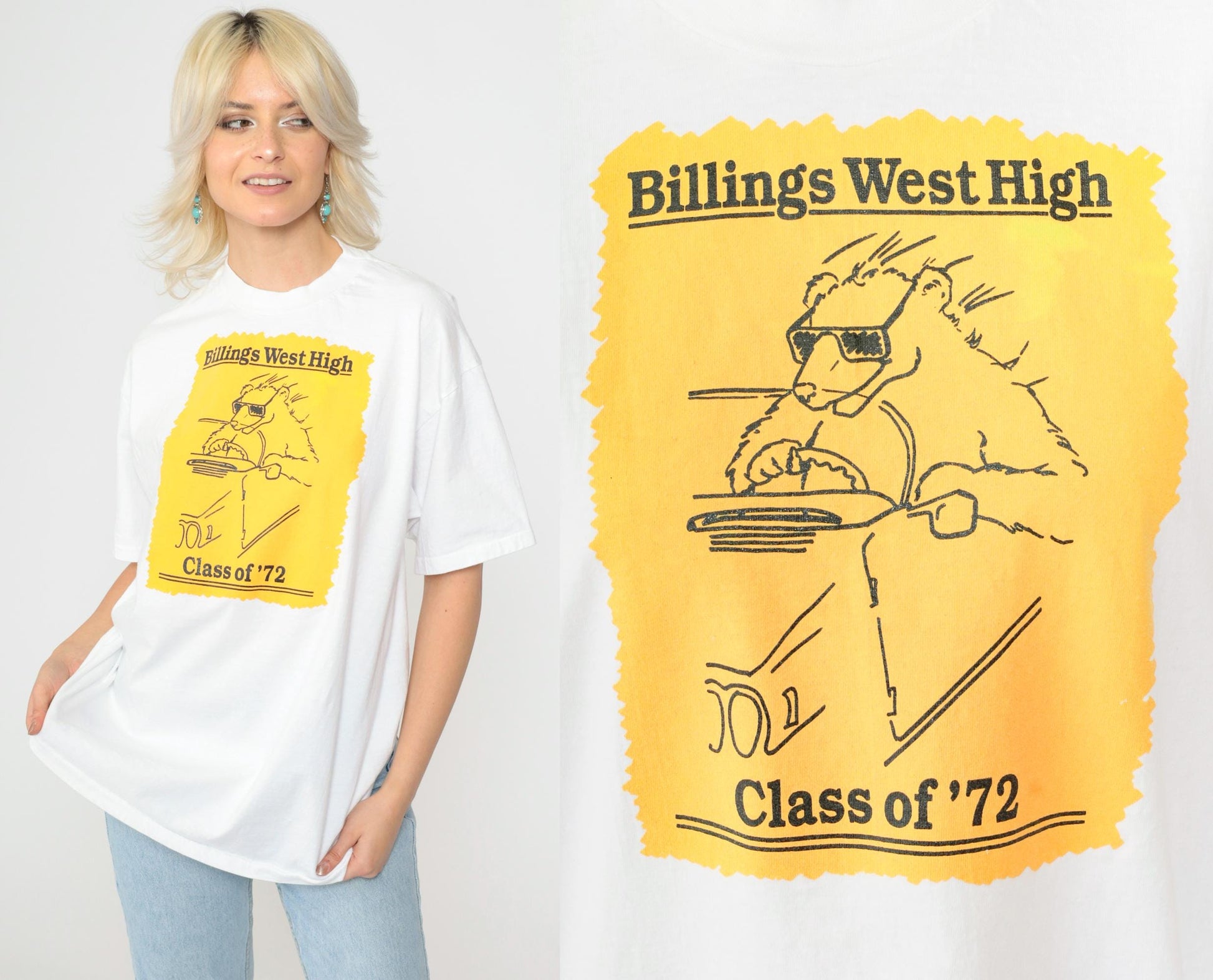 90s Billings West High School Class of '72 Reunion Bear Graphic Tee White Large