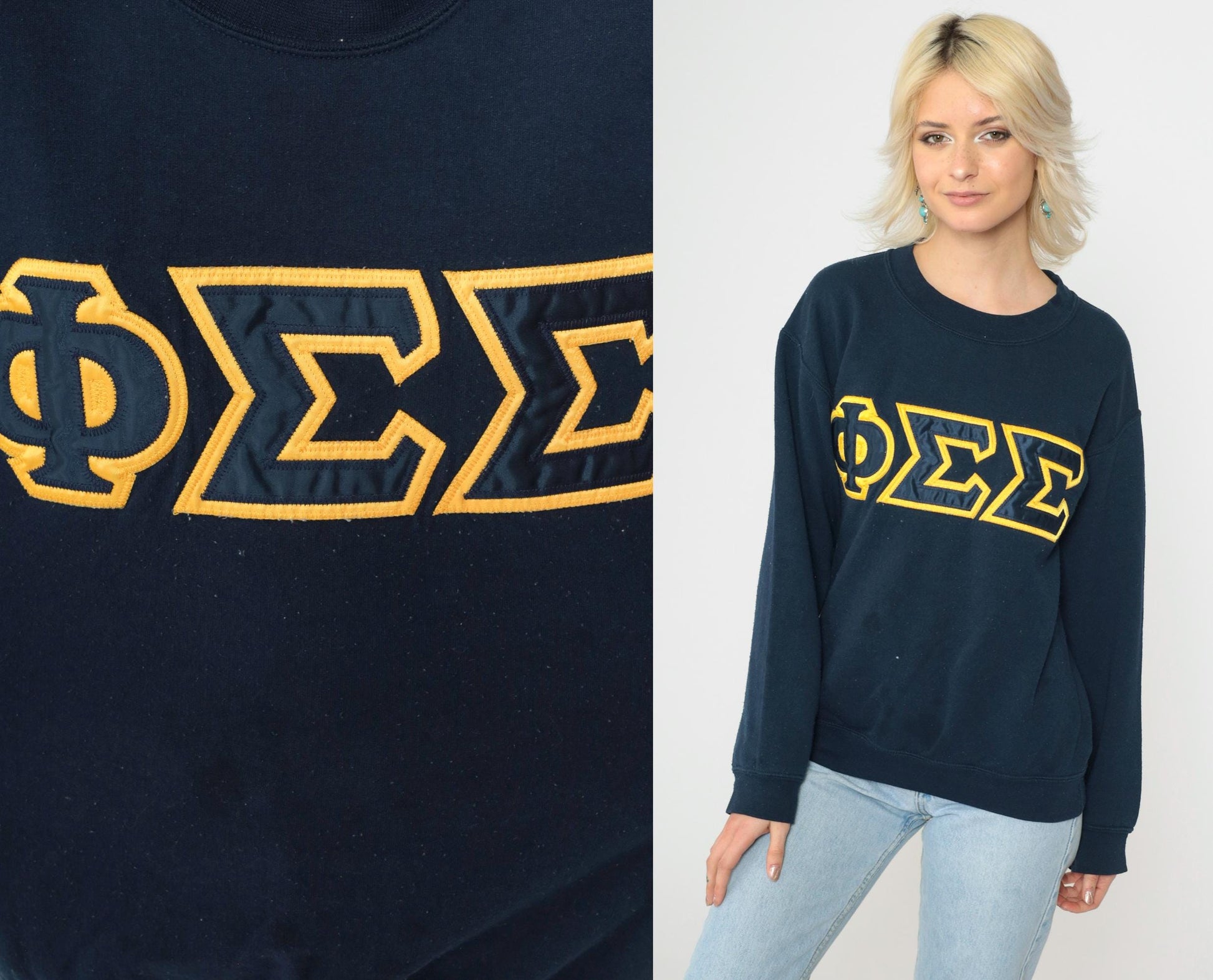 90s Phi Sigma Sigma Sorority Sweatshirt Navy Gold Greek Letters Small
