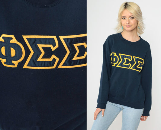 90s Phi Sigma Sigma Sorority Sweatshirt Navy Gold Greek Letters Small