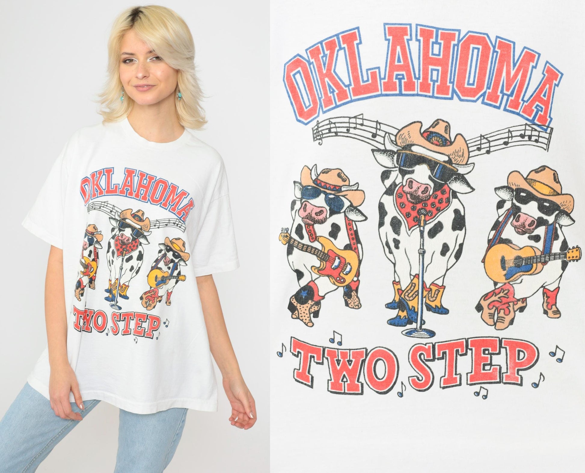 90s Oklahoma Two Step Country Cow Band Graphic Tee Cotton Extra Large