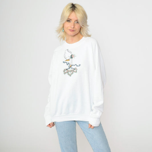 90s Goose Floral Cross-Stitch Sweatshirt White Raglan Graphic Large
