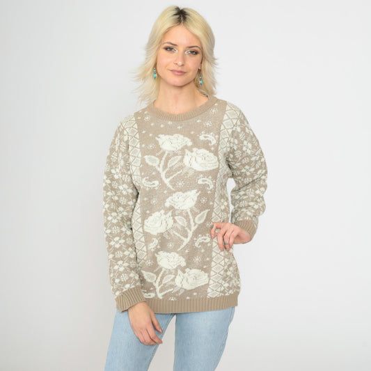 80s Metallic Floral Geometric Knit Sweater Taupe Medium M