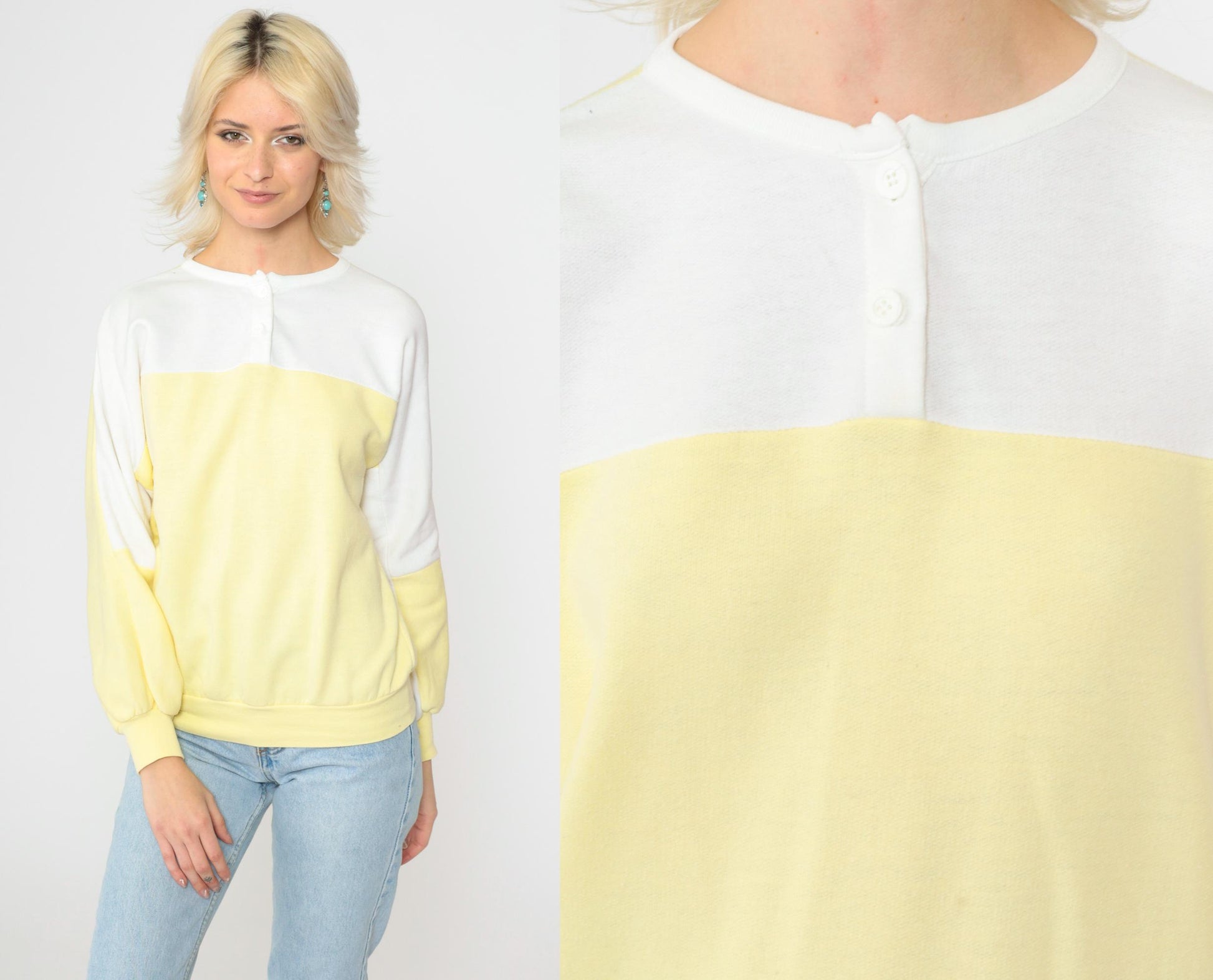 80s Yellow & White Henley Sweatshirt Color Block Slouchy Large