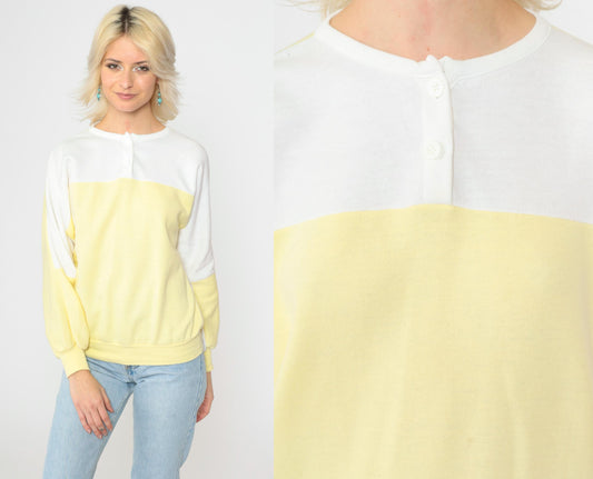 80s Yellow & White Henley Sweatshirt Color Block Slouchy Large