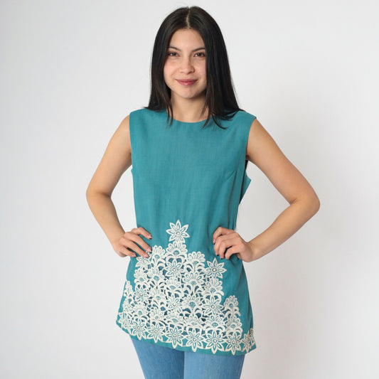 60s Teal Sleeveless Top White Floral Embroidery Round Neck Small S
