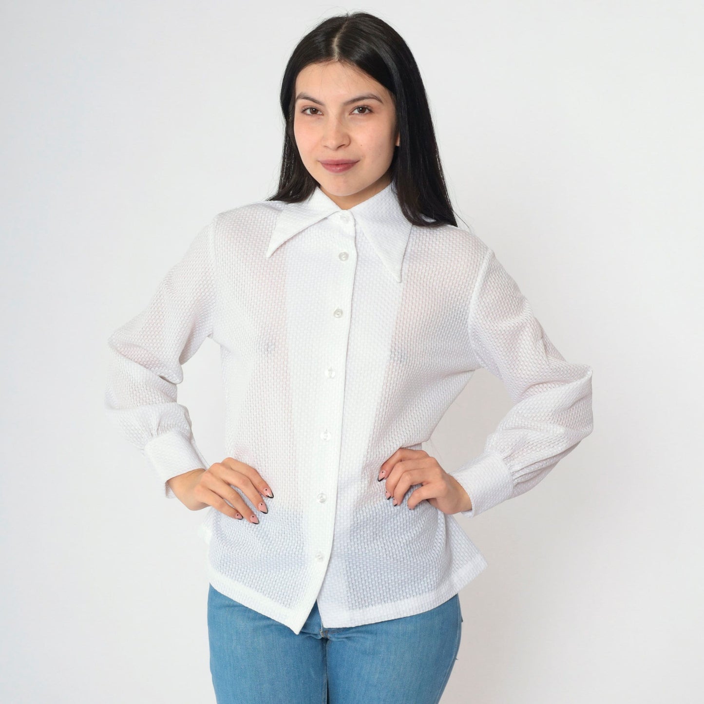 70s White Textured Disco Collar Button-Down Blouse Long Sleeve Medium Large