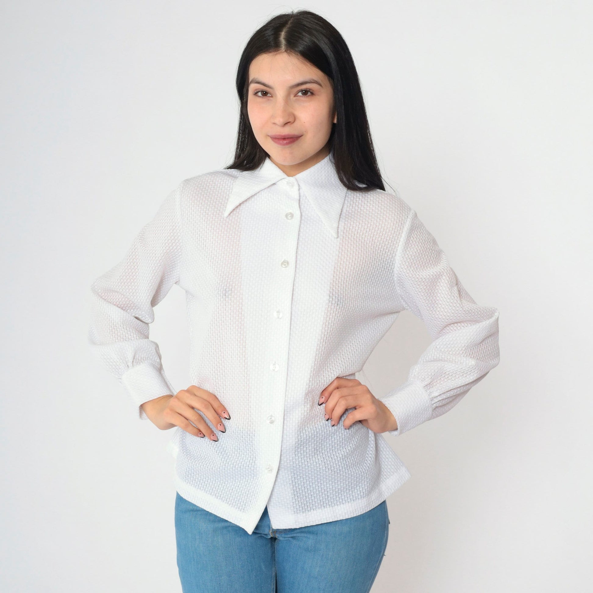 70s White Textured Disco Collar Button-Down Blouse Long Sleeve Medium Large