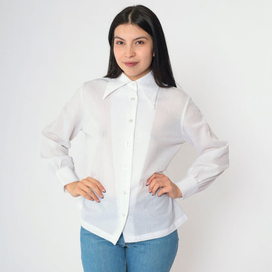 70s White Textured Disco Collar Button-Down Blouse Long Sleeve Medium Large