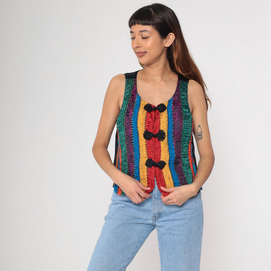 90s Brocade Striped Vest Frog Closure Sleeveless Scoop Neck Medium