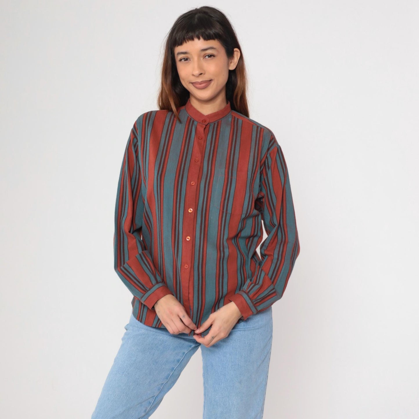80s Lady Manhattan Striped Button-Up Blouse Rust Red Turquoise Mandarin Collar Large