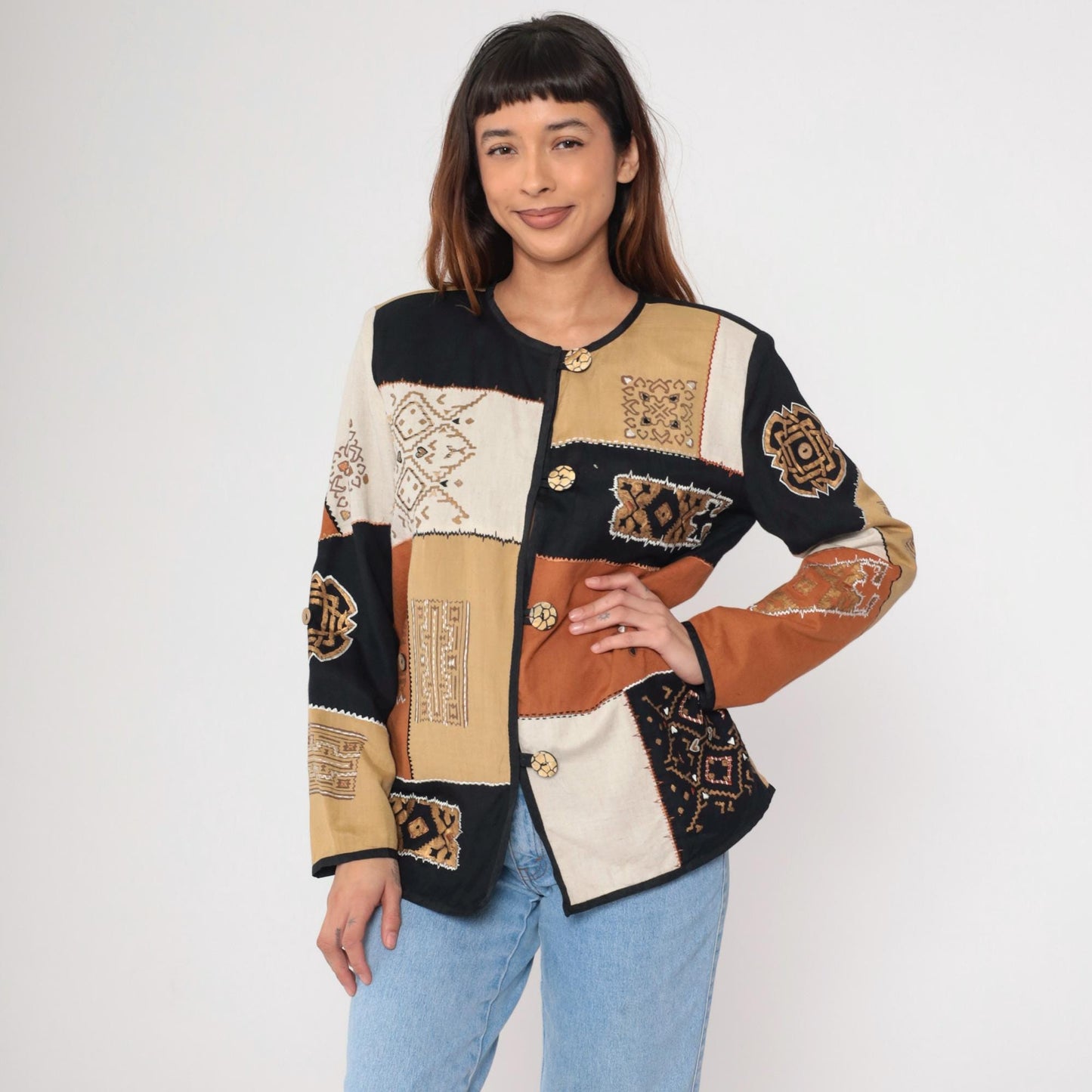 90s Allure Patchwork Geometric Blazer Metallic Tan Black Burnt Orange Medium