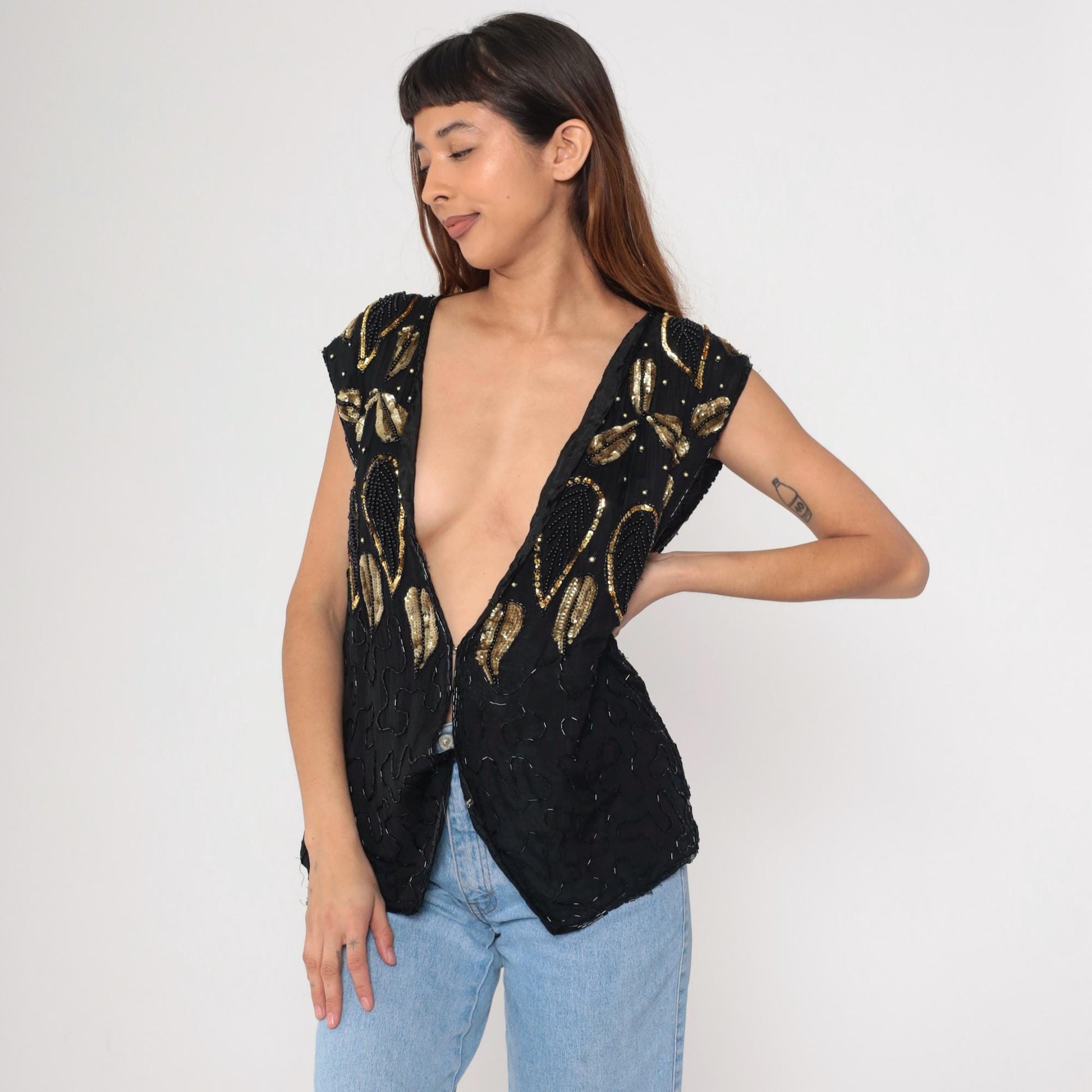 90s Midnight Run Black Silk Beaded Vest Gold Leaf Sequin Deep V Medium