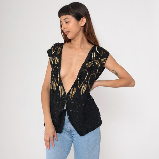 90s Midnight Run Black Silk Beaded Vest Gold Leaf Sequin Deep V Medium