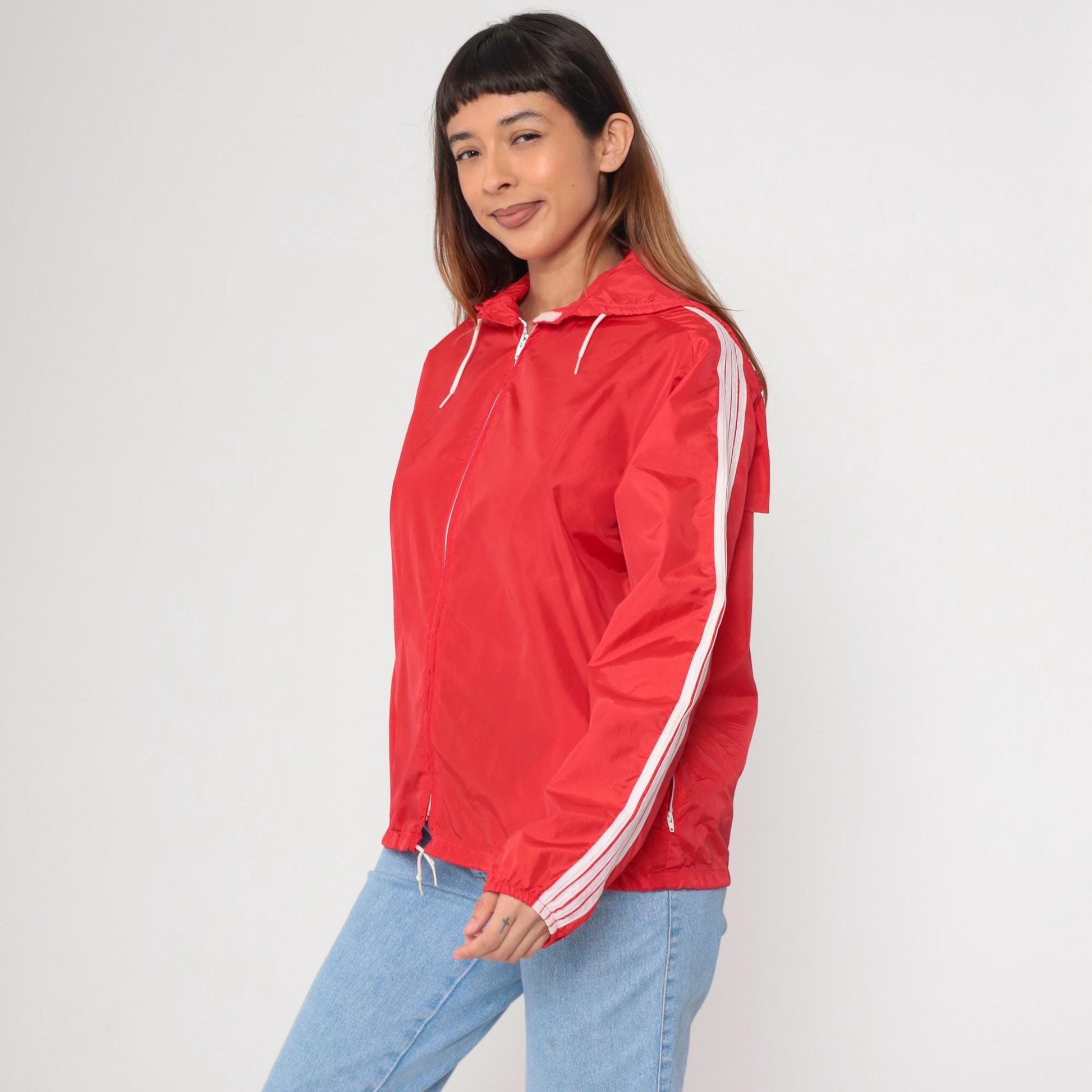 90s SUB4 Red Nylon Windbreaker Hooded Jacket Striped Sleeves Medium