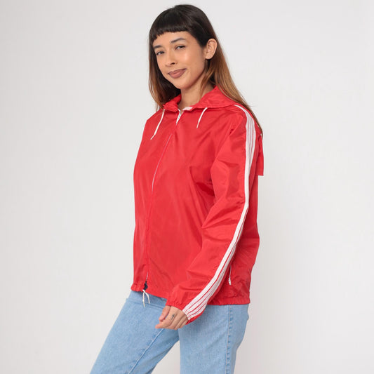 90s SUB4 Red Nylon Windbreaker Hooded Jacket Striped Sleeves Medium