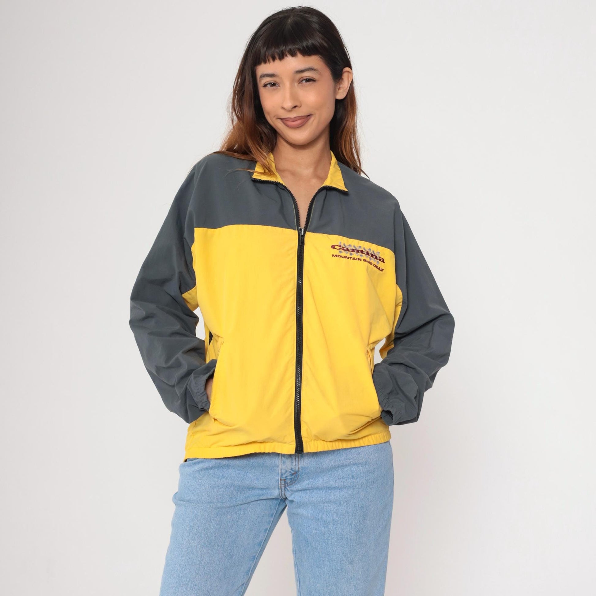 90s Cantina Mountain Bike Windbreaker Yellow Gray Color Block Large L
