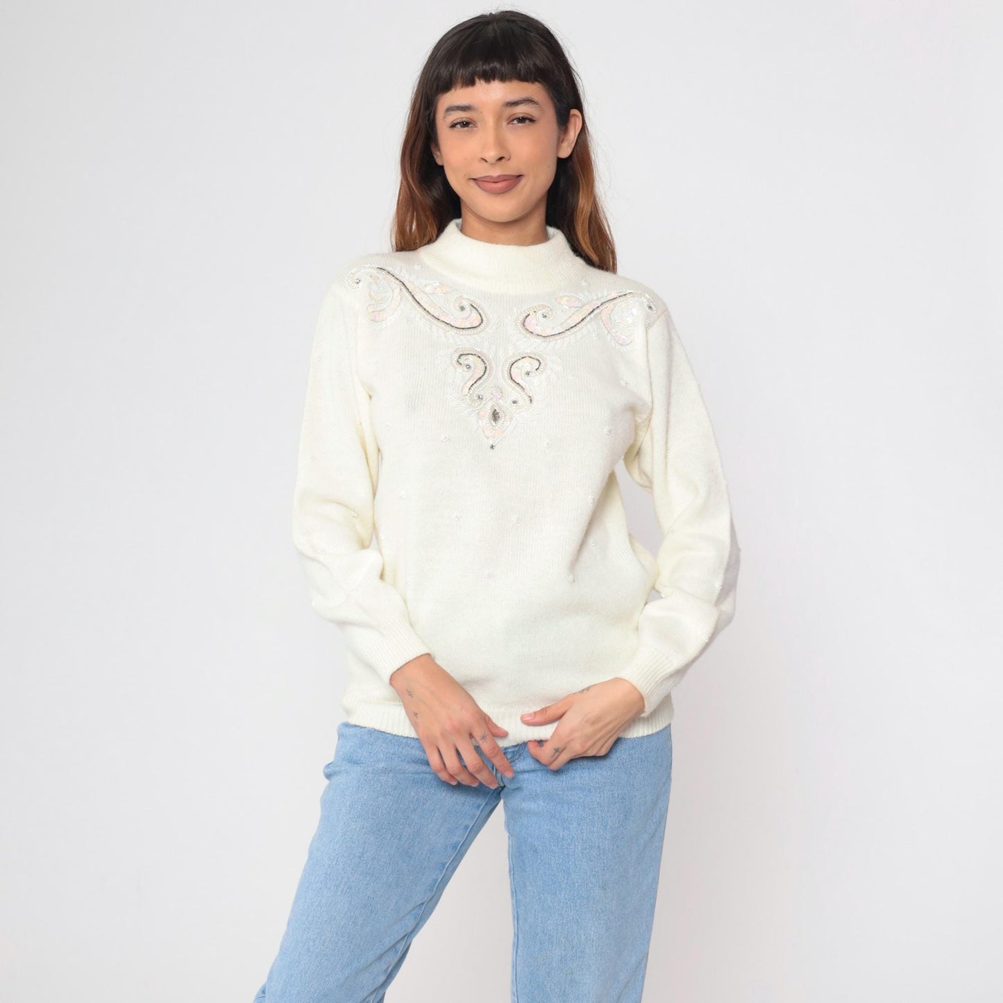 90s Alfred Dunner Sequin Beaded Sweater Cream Geometric Mock Neck Medium