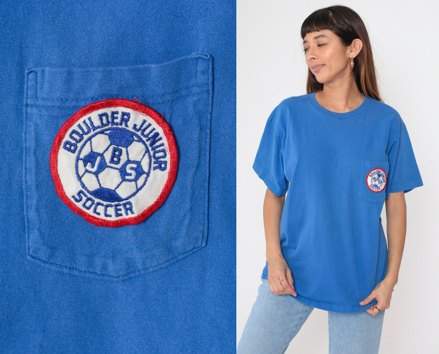 90s Boulder Junior Soccer Patch T-Shirt Blue Cotton Graphic Tee Large L