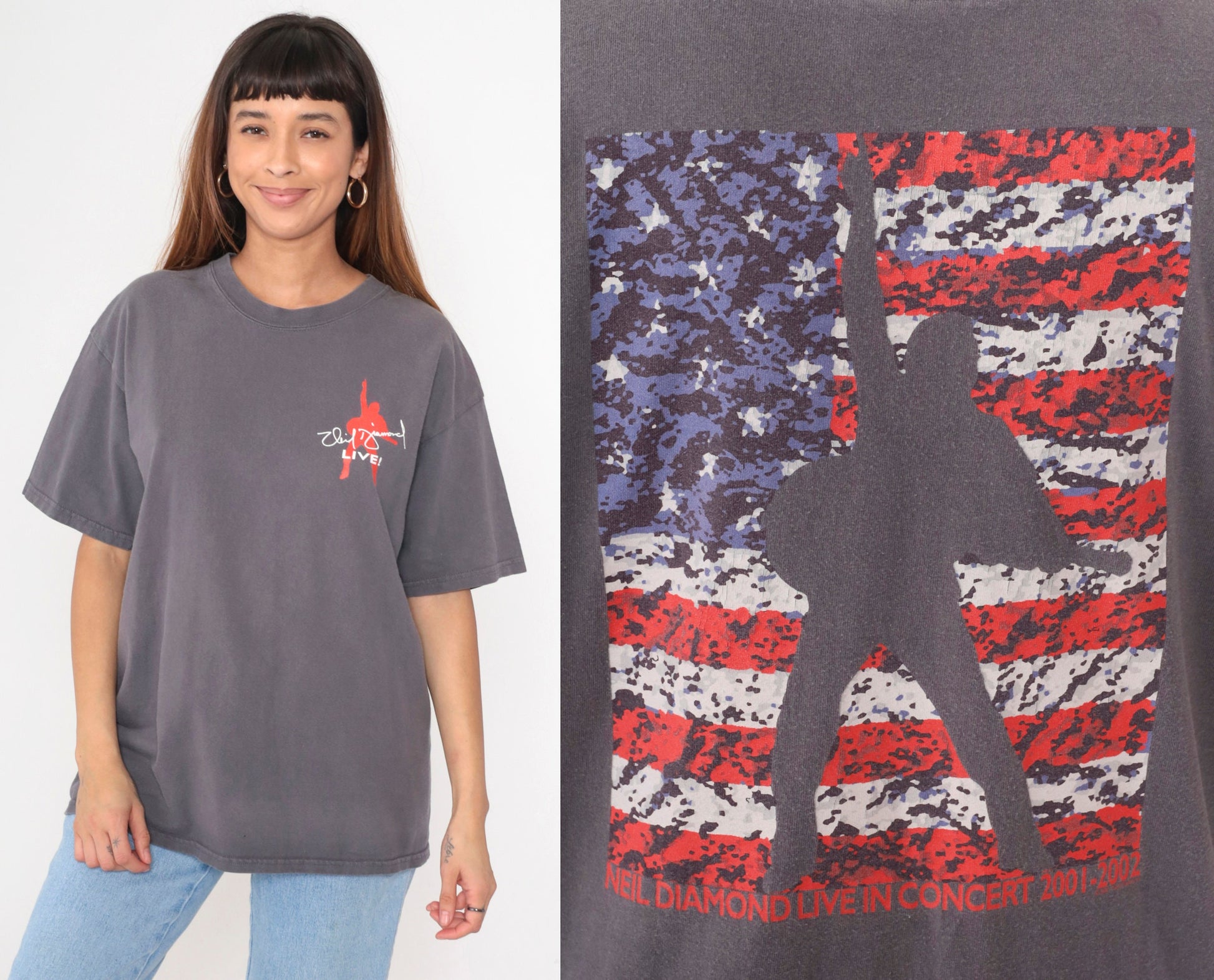 2001 Neil Diamond Concert Tee American Flag Tour Charcoal Grey Large