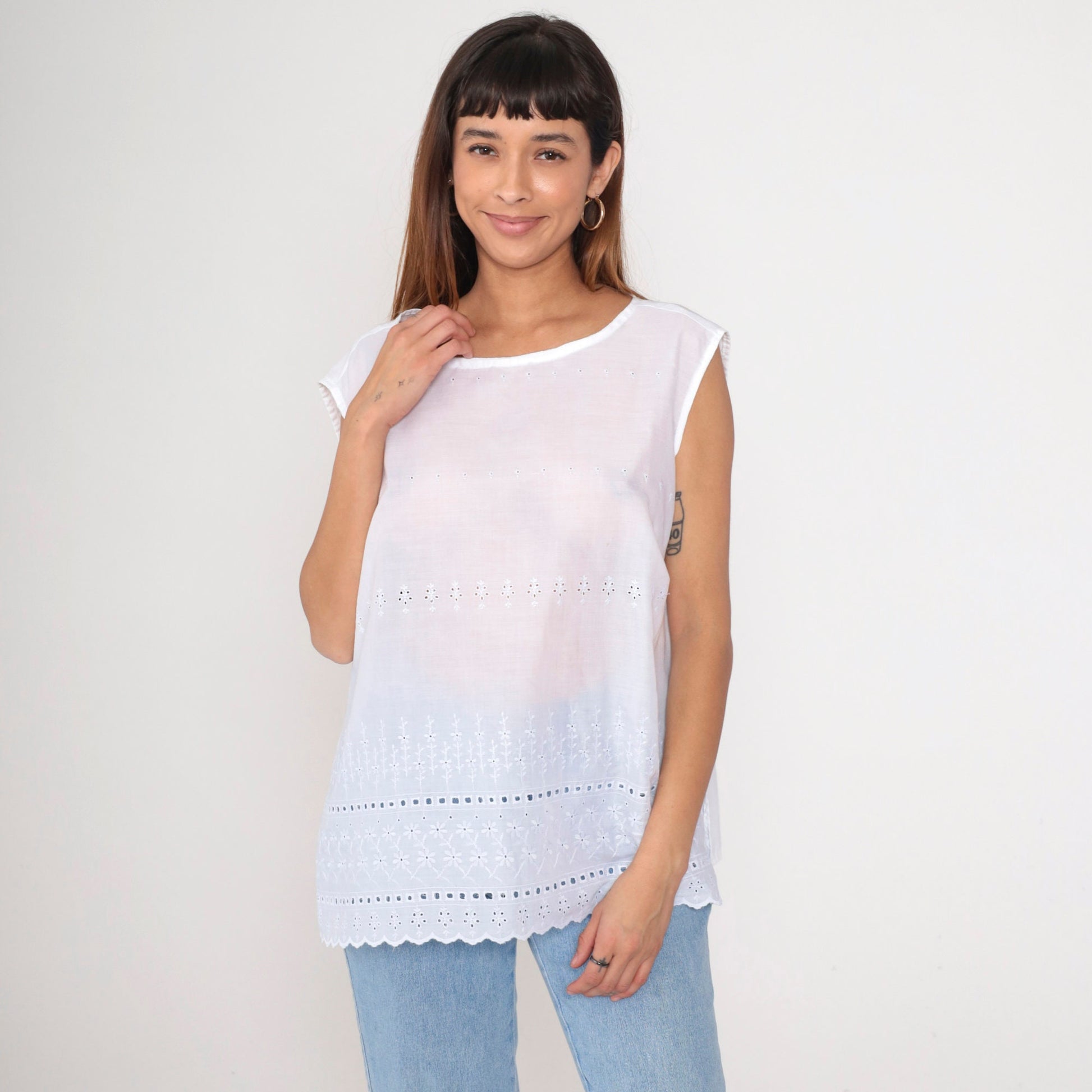 80s White Eyelet Lace Tank Top Floral Embroidered Sleeveless Tunic Large