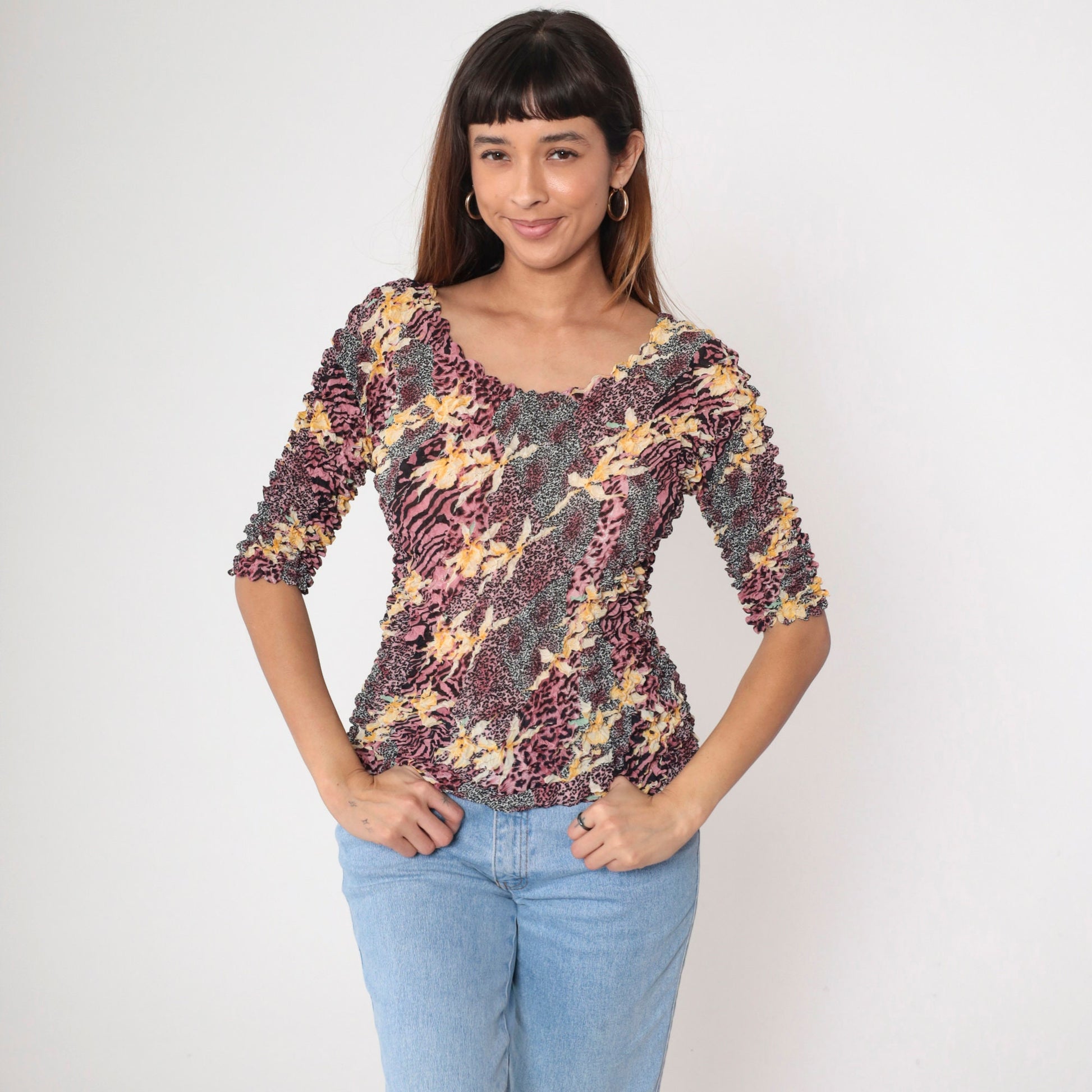 Y2K Popcorn Shirt Floral Animal Print Gold Metallic Textured Blouse Pink Black XS-M