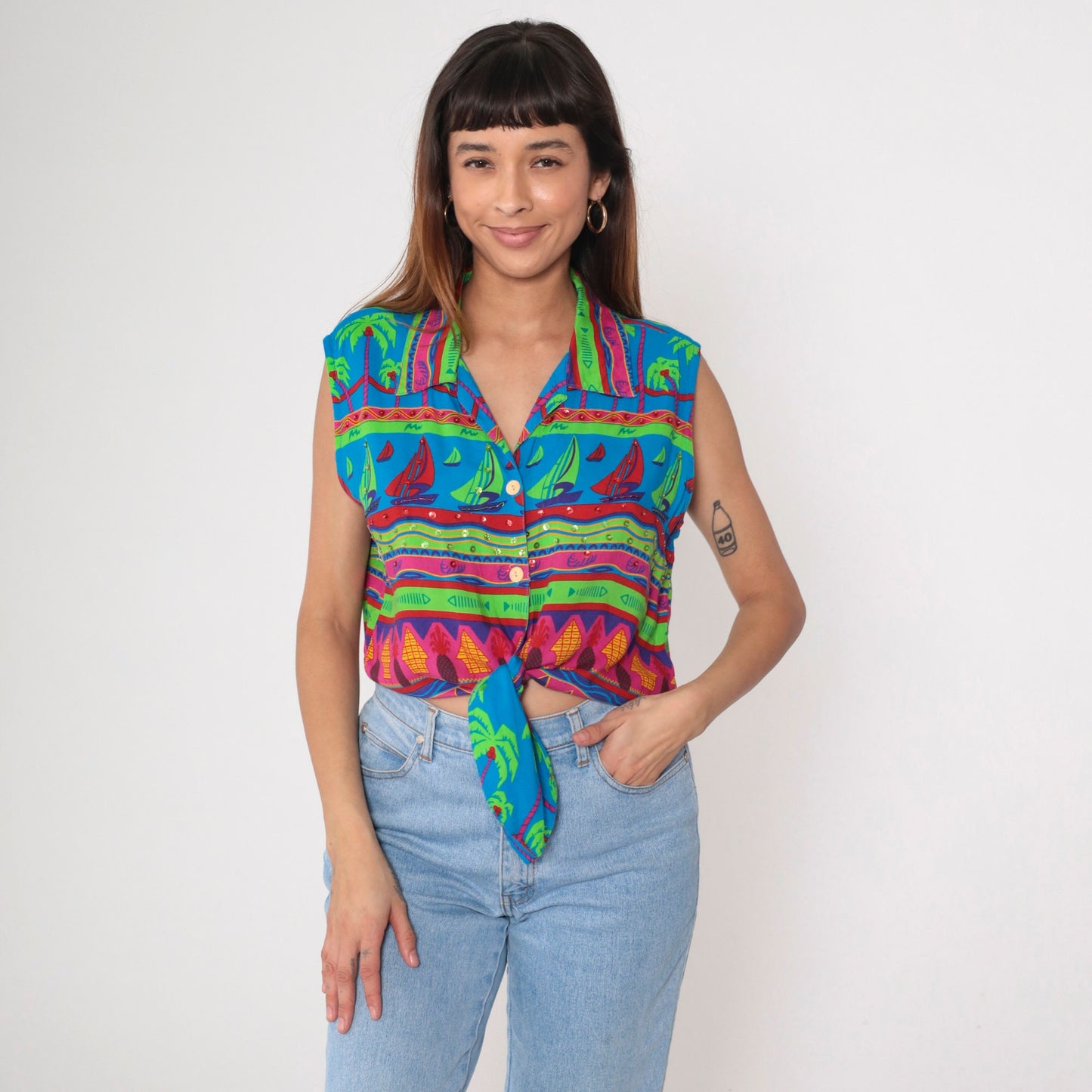 90s Tropical Sequin Tie-Front Blouse Sailboat Beaded Sleeveless Small