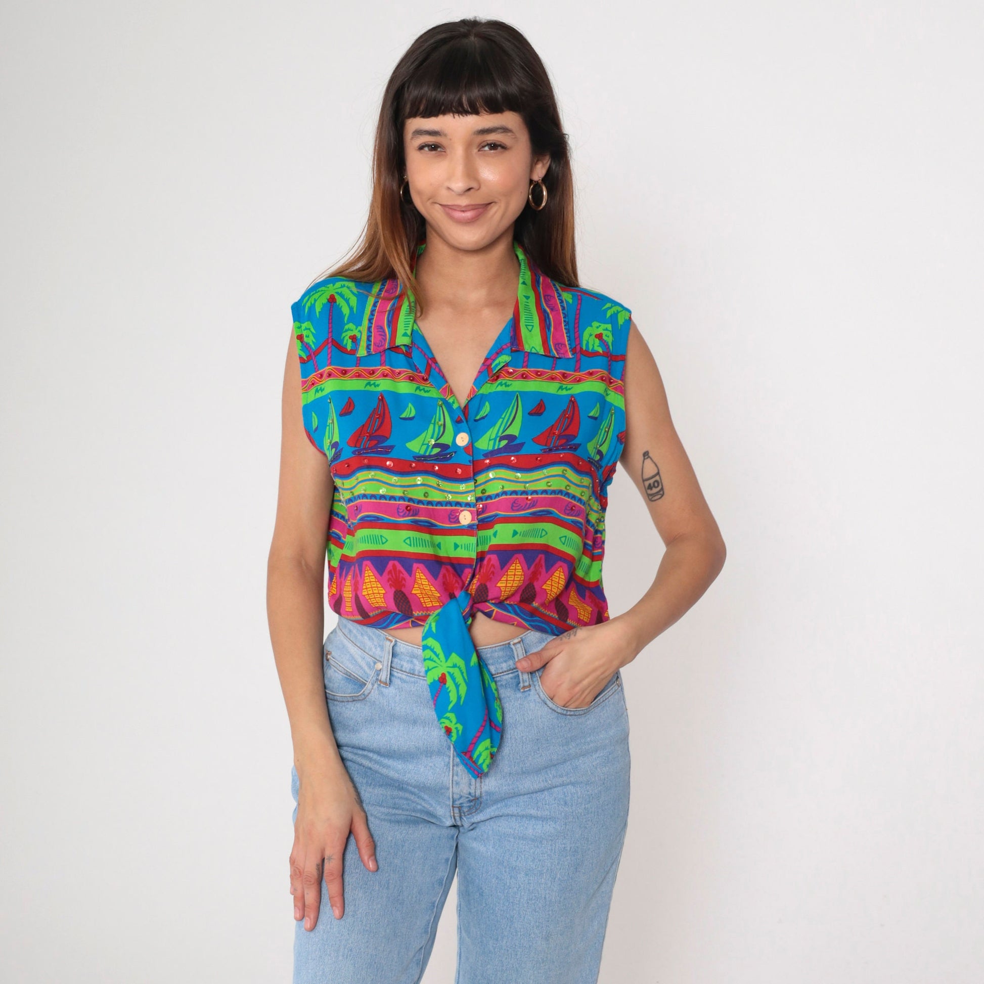 90s Tropical Sequin Tie-Front Blouse Sailboat Beaded Sleeveless Small