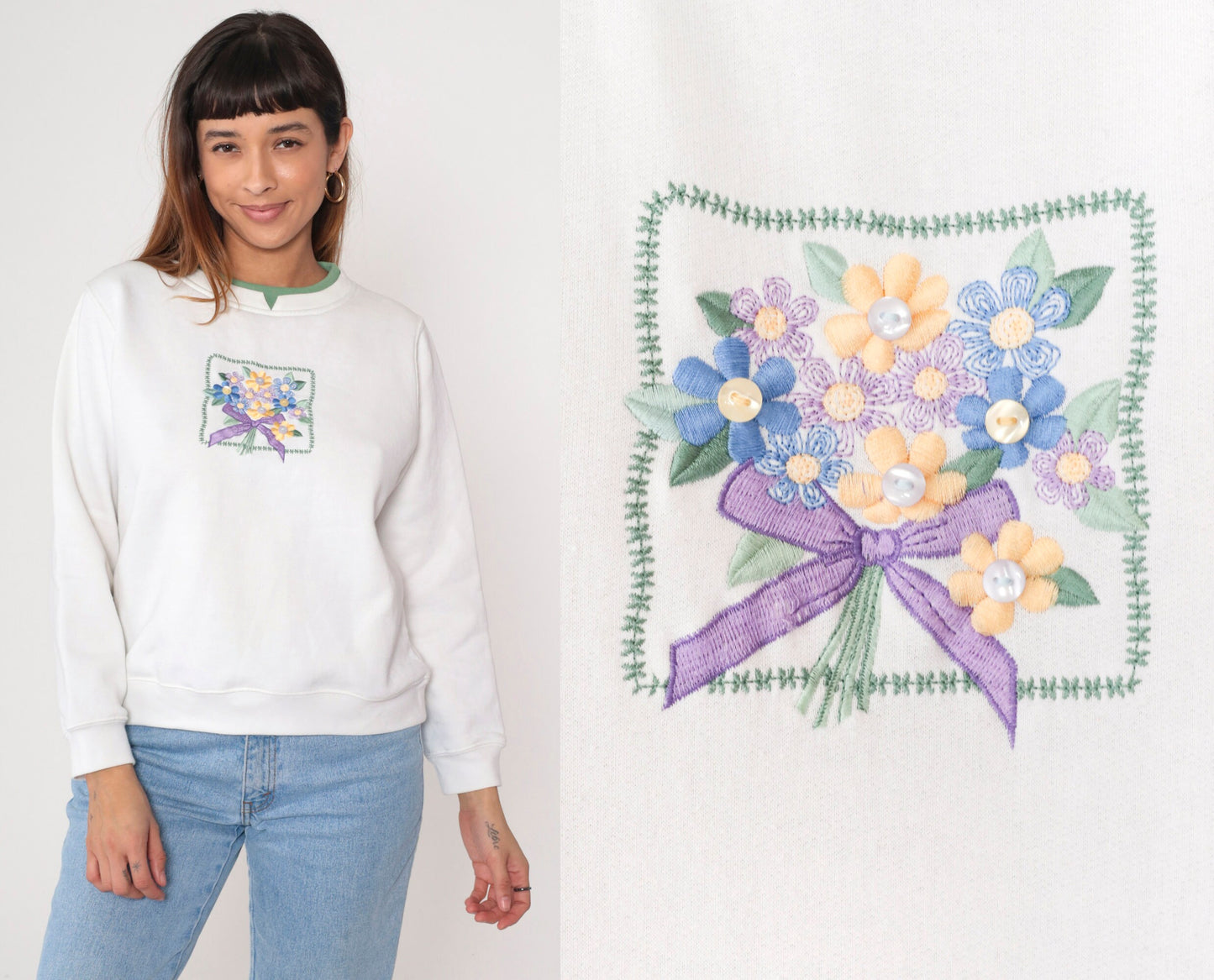 90s Floral Embroidered Sweatshirt White Double Collar Crewneck Petite Large
