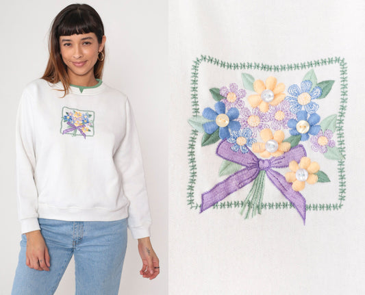 90s Floral Embroidered Sweatshirt White Double Collar Crewneck Petite Large
