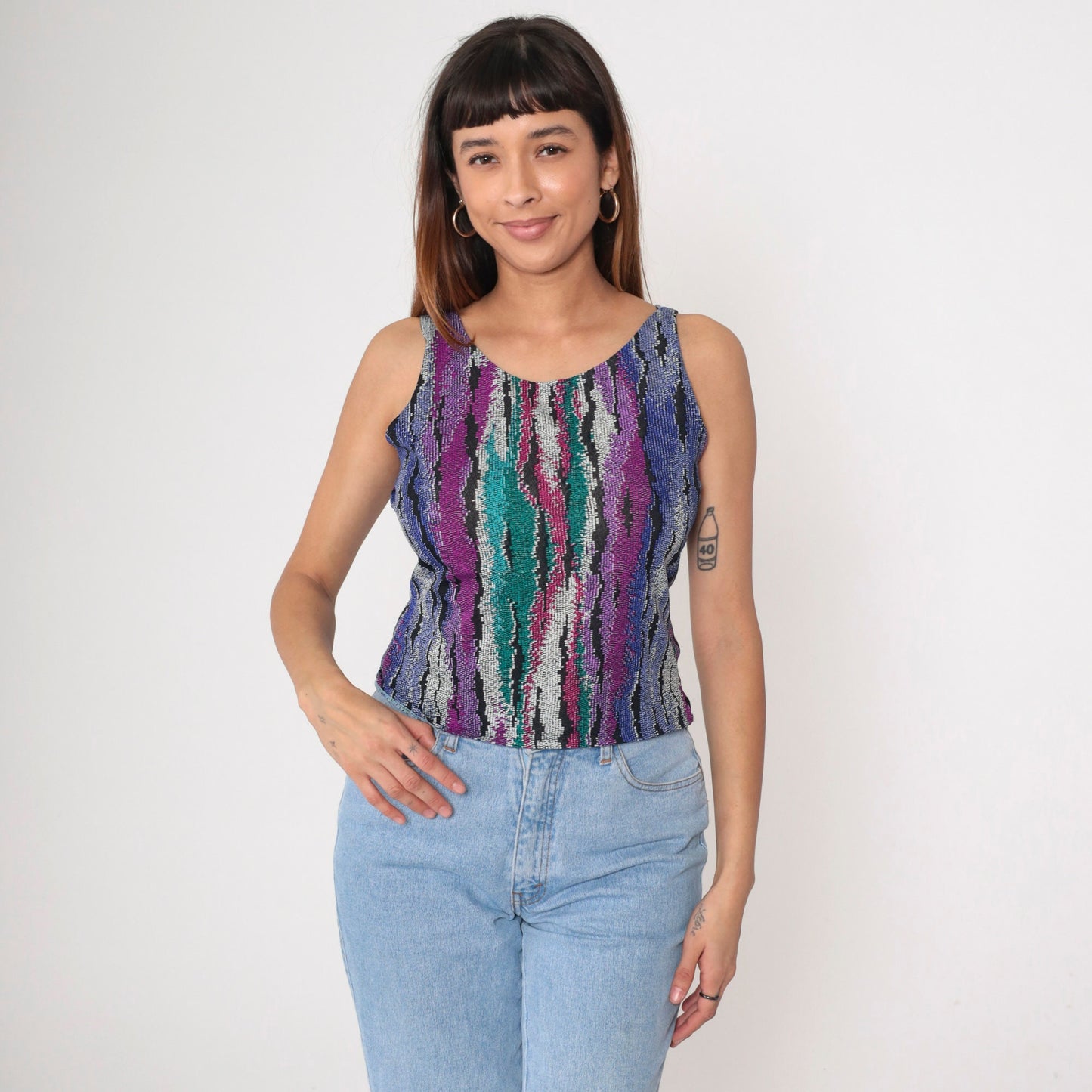 90s Abstract Print Tank Top Purple Turquoise Green Scoop Neck Small