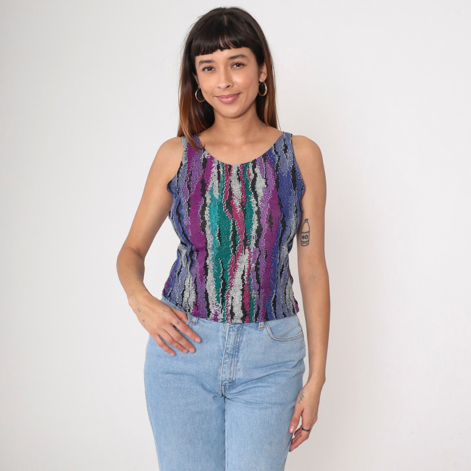 90s Abstract Print Tank Top Purple Turquoise Green Scoop Neck Small
