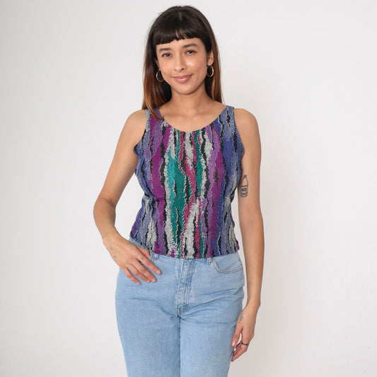 90s Abstract Print Tank Top Purple Turquoise Green Scoop Neck Small