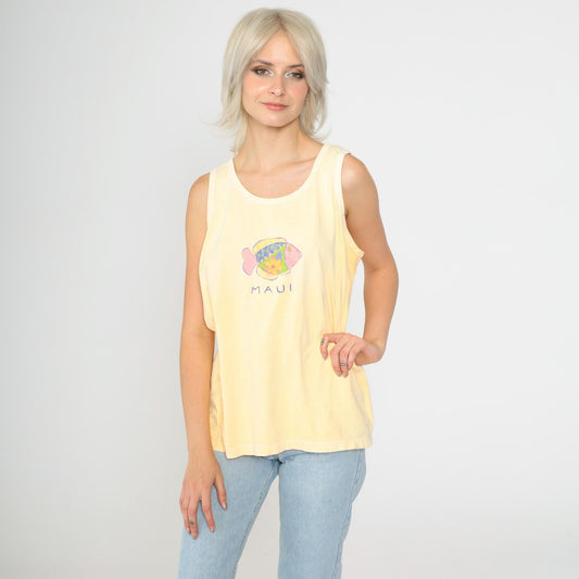 90s Maui Fish Shirt Yellow Tropical Tank Top Cotton Medium