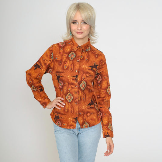 90s Panhandle Slim Western Cowboy Shirt Burnt Orange Horse Print Small