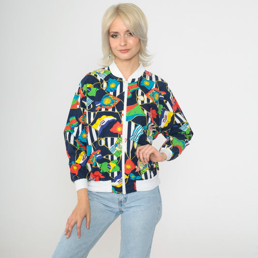 90s Nautical Windbreaker Jacket World Flags Print Navy Blue Medium