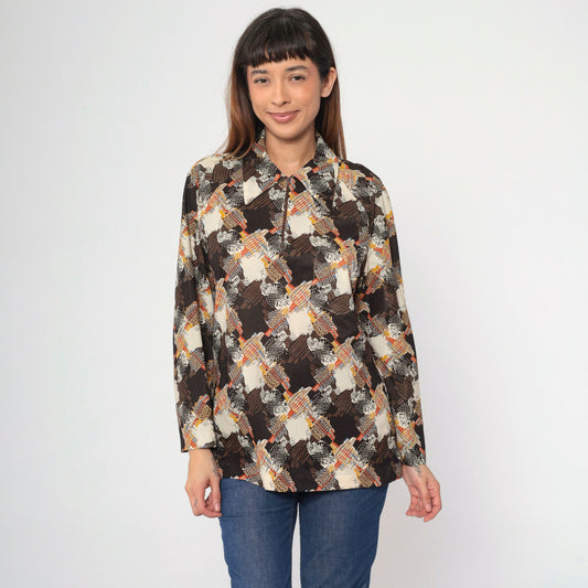 70s Abstract Print Blouse Brown Beige Orange Blue Zip Front Collared Large L
