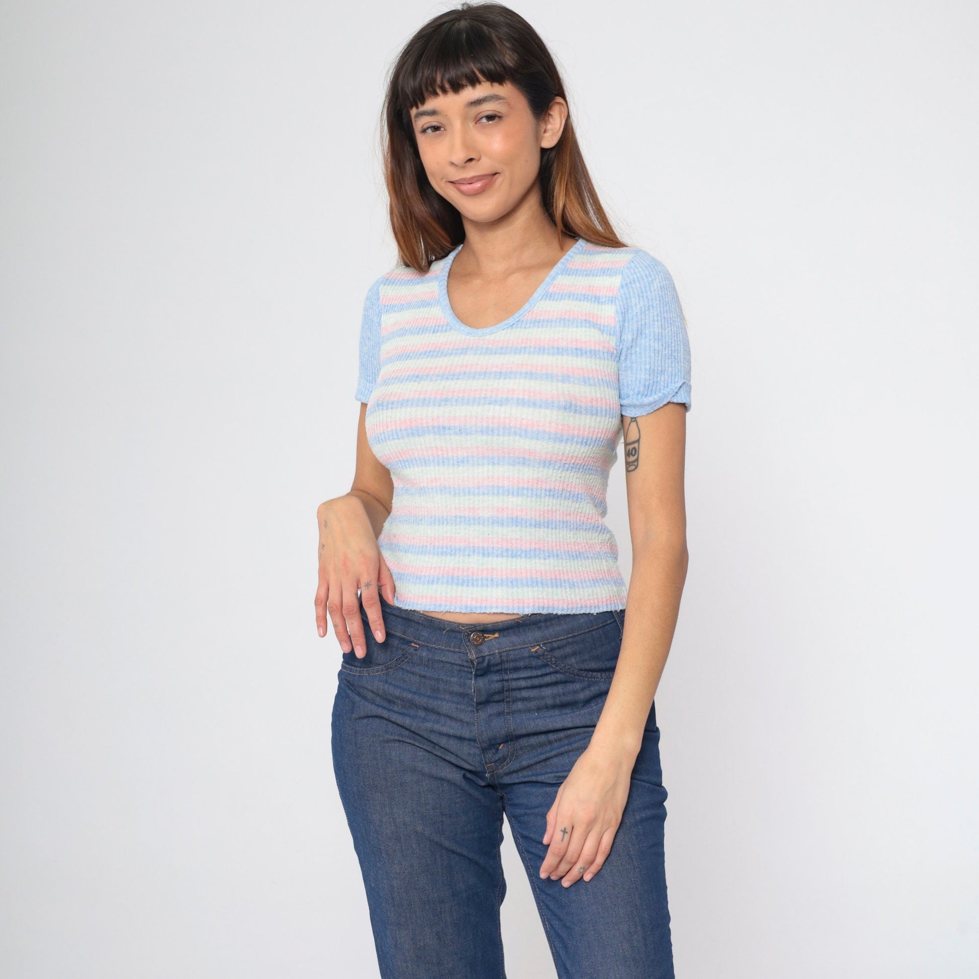 70s Striped Knit Top Pastel Blue Pink Green Ringer Short Sleeve Small