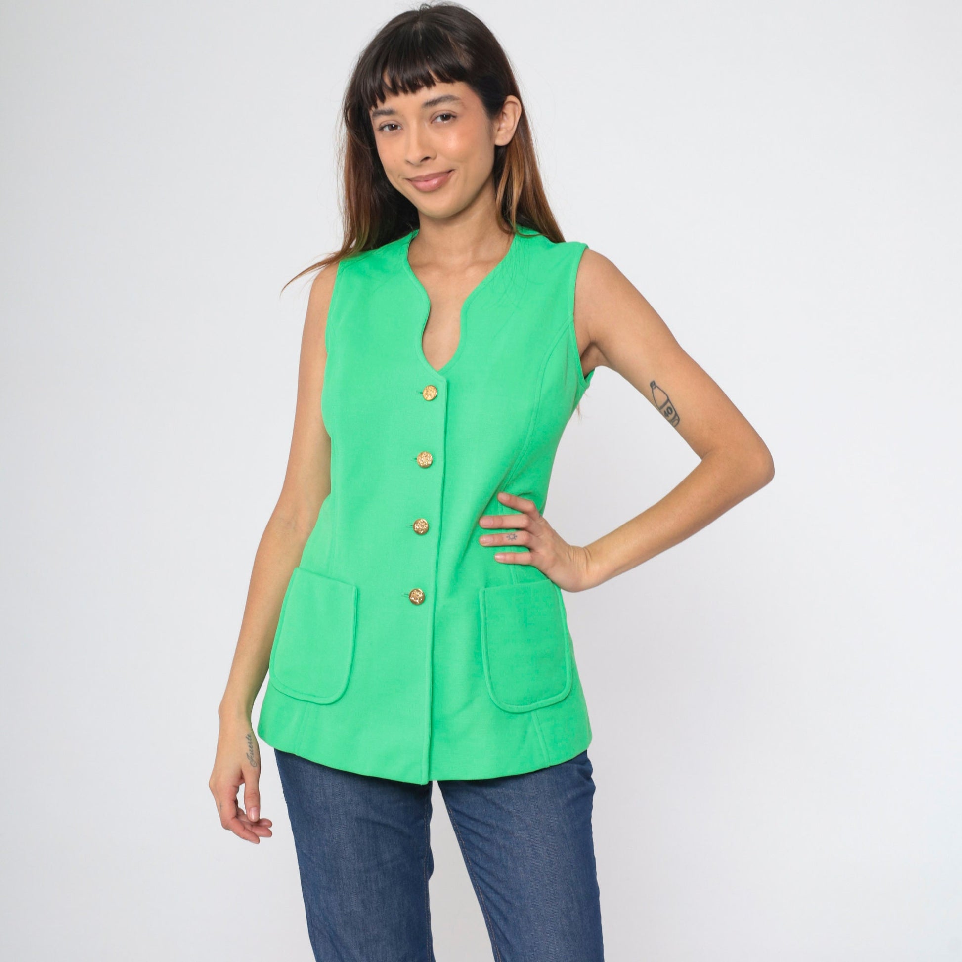70s Lime Green Button-Up Tank Top Longline Pockets Small