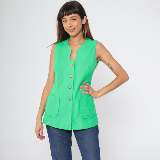 70s Lime Green Button-Up Tank Top Longline Pockets Small