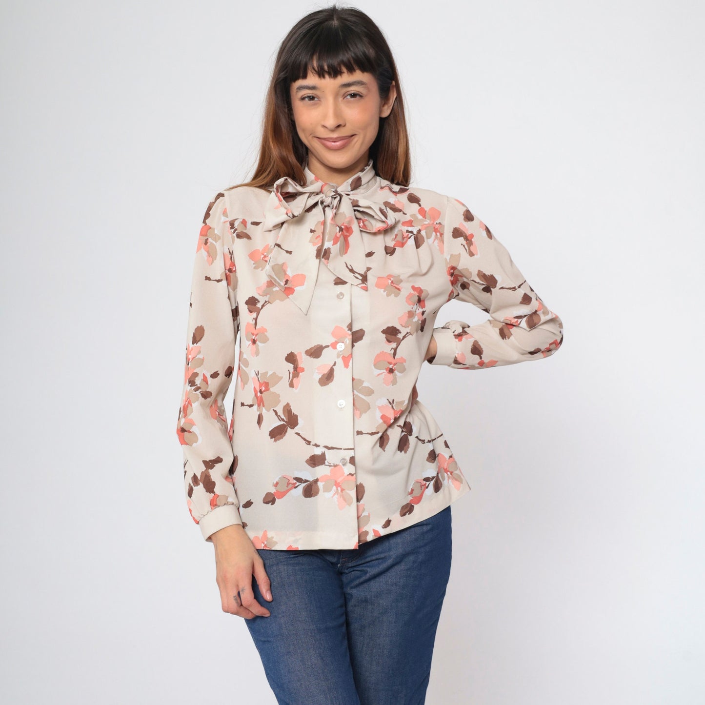 70s Floral Taupe Ascot Blouse Button-Up Long Sleeve Shirt Medium