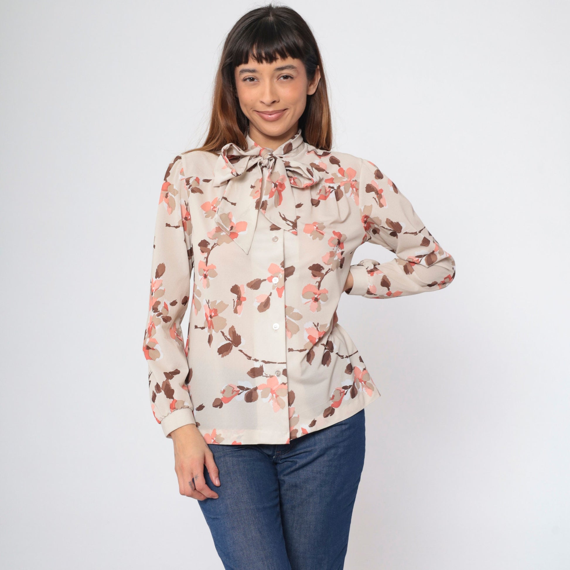 70s Floral Taupe Ascot Blouse Button-Up Long Sleeve Shirt Medium