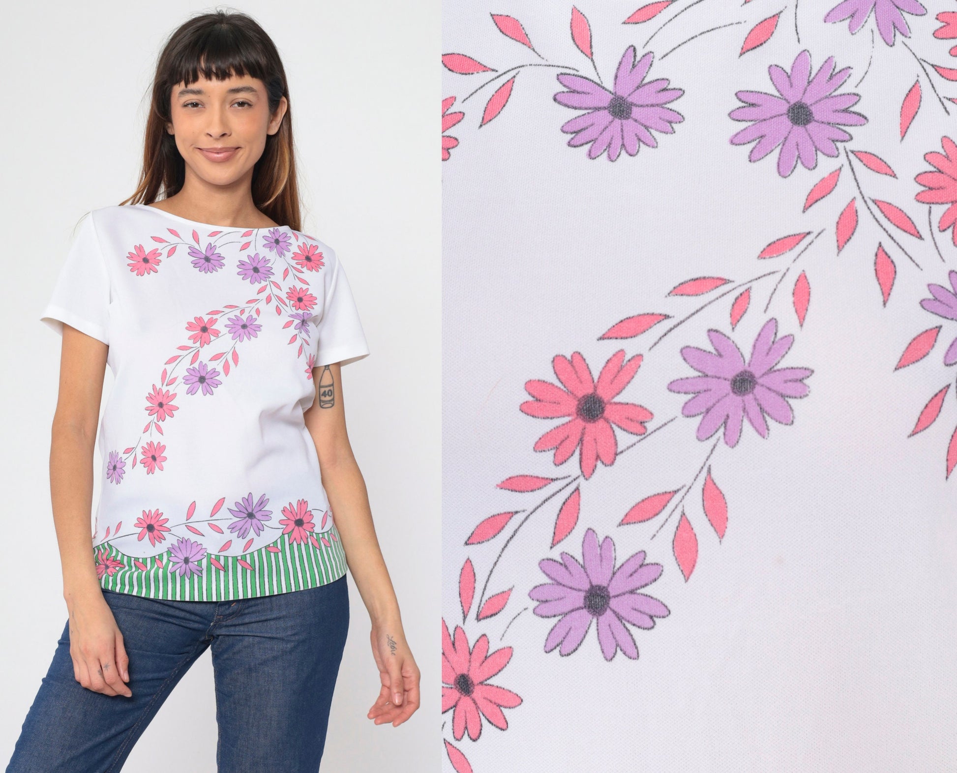 70s Floral Print Blouse White Pink Purple Short Sleeve Rear Zipper Small