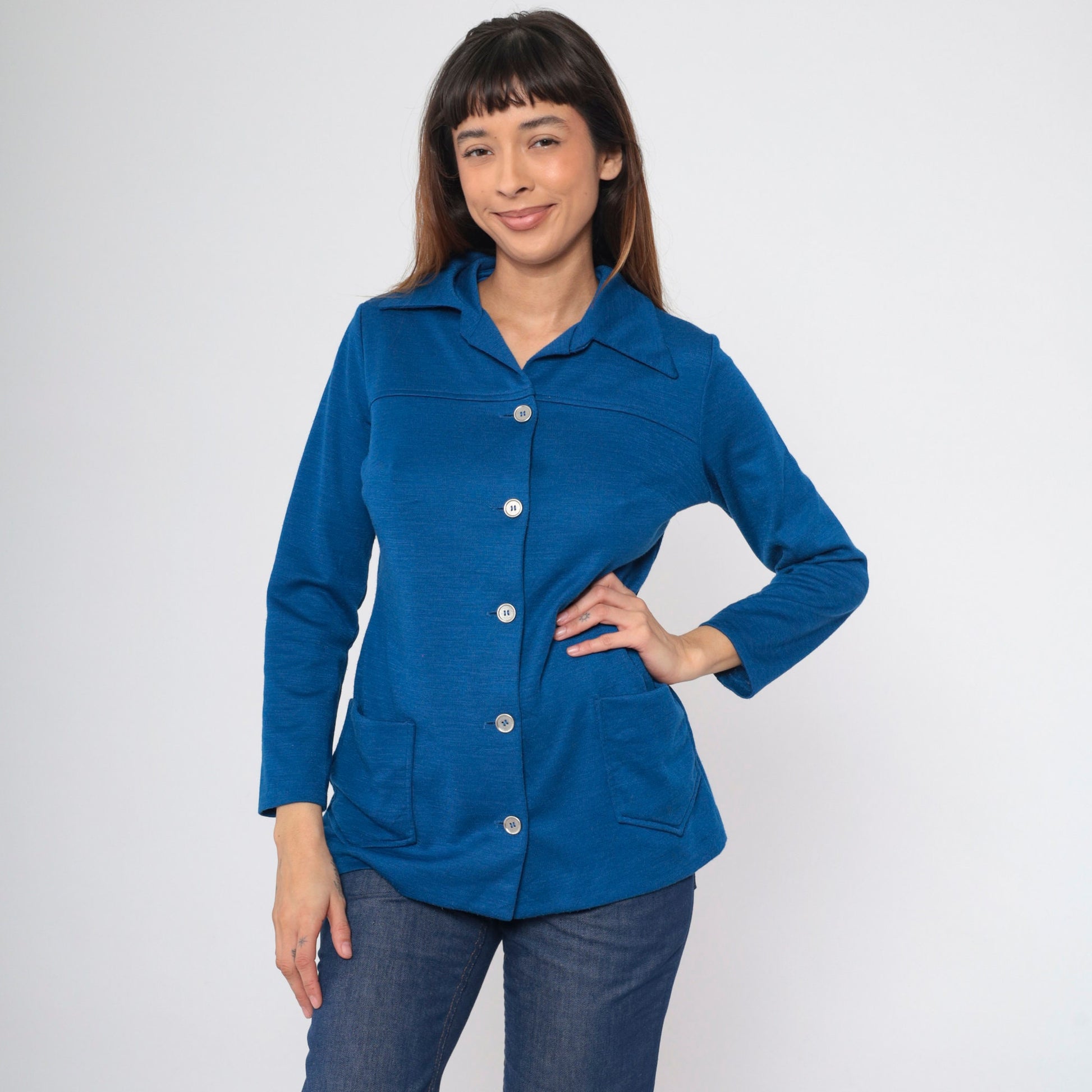 70s Berkshire Wool Blend Button-Up Blouse Dark Blue Pointed Collar Medium