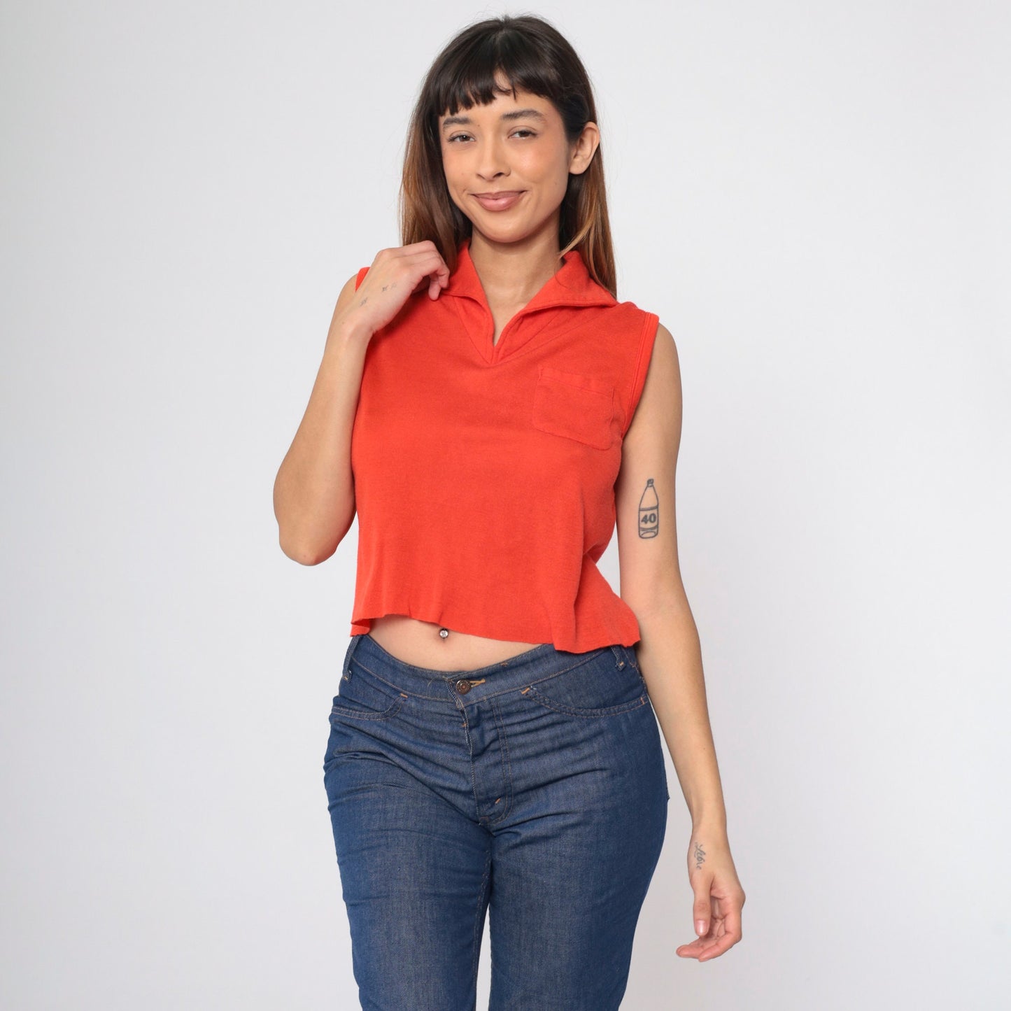 70s Crop Top Bright Red V-Neck Collared Sleeveless Shirt Small