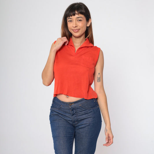 70s Crop Top Bright Red V-Neck Collared Sleeveless Shirt Small