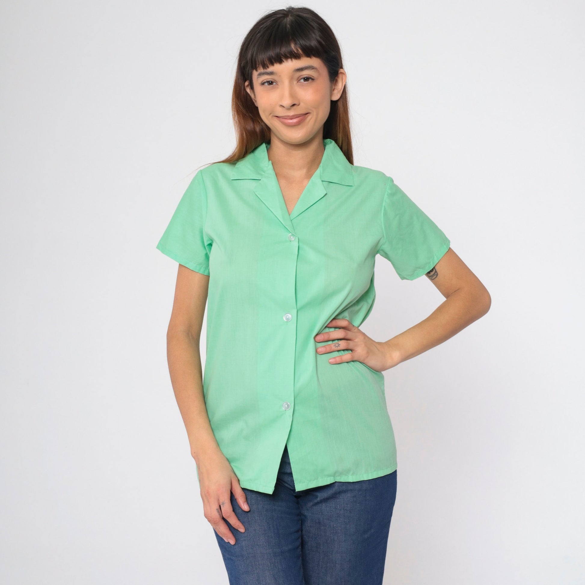 70s Mint Green Button Up Shirt Short Sleeve Sears Blouse Extra Small