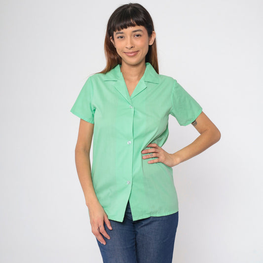 70s Mint Green Button Up Shirt Short Sleeve Sears Blouse Extra Small