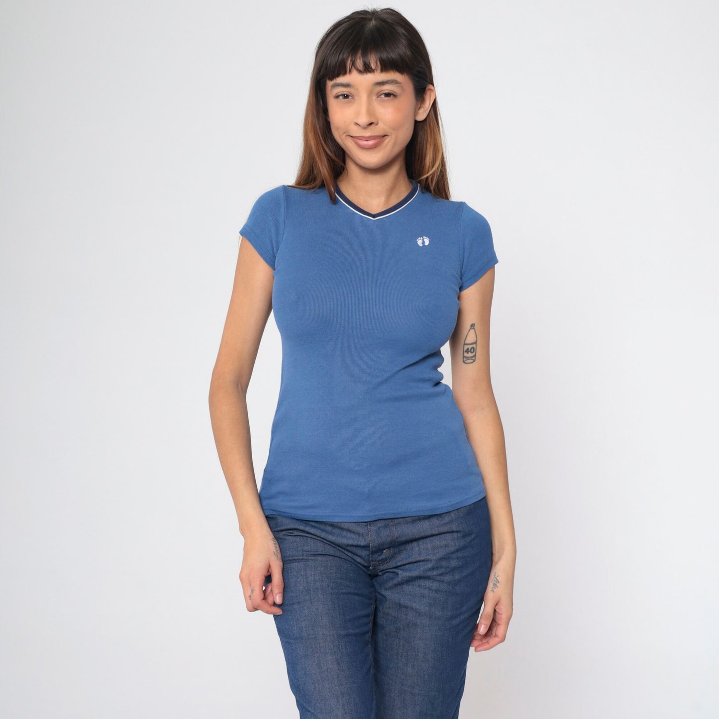 90s Hang Ten Blue Ringer T-Shirt Footprint Logo Surf Tee Extra Small